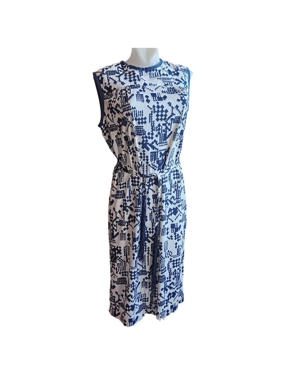 Geometric Print Dress Large Relic 1970's Vintage Sleeveless Blue & White Belted